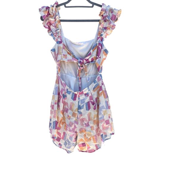 Yumi Kim Ruffle Sleeve Romper Geometric Print Tie Back Sleeveless Jumpsuit, Sz S - Picture 2 of 6
